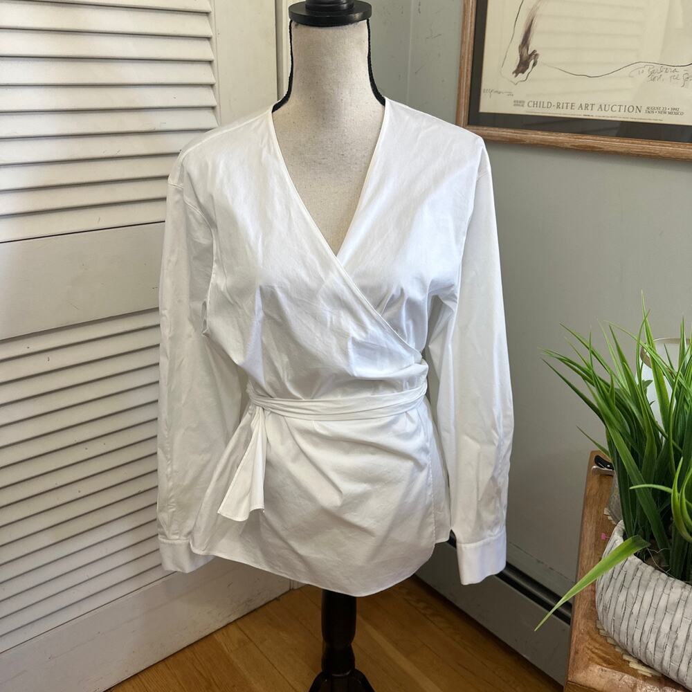 Lafayette 148 Top Womens Large White Wrap Collared Shirt Minimalist Quiet Luxury